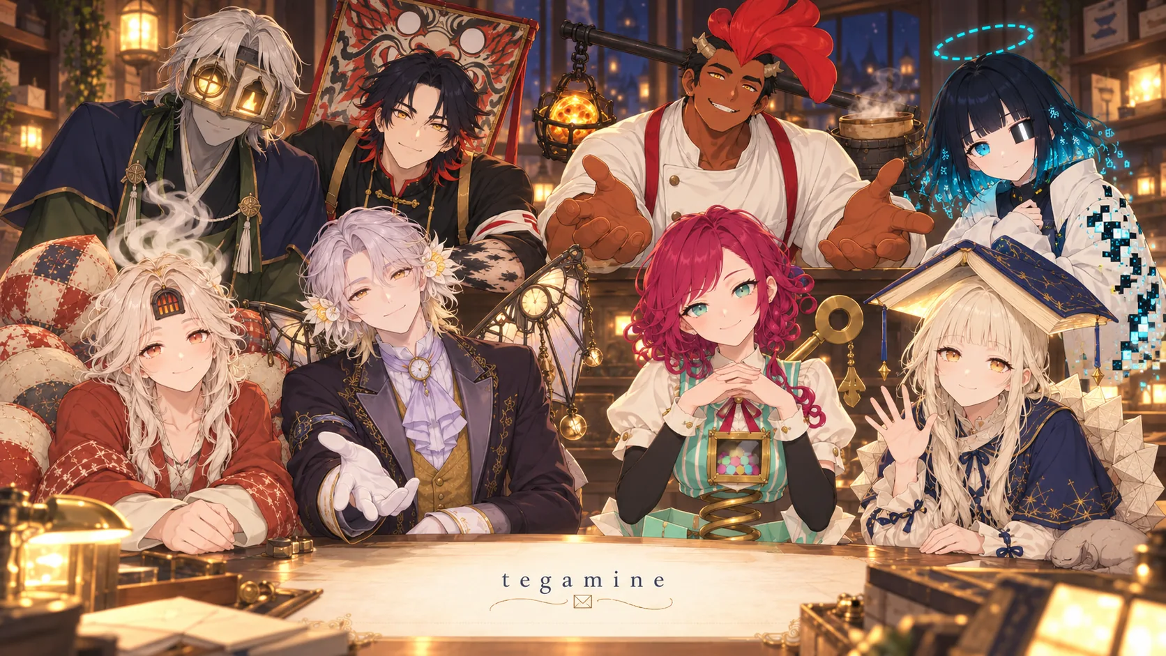 tegamineの推し8人。ランプの灯る郵便局のような部屋で、テーブルを囲んでこちらに笑いかけている